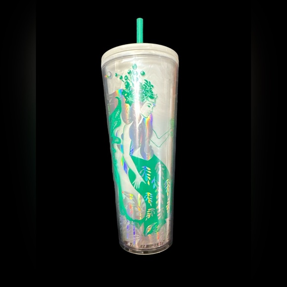 Starbucks Christmas White Green Holographic  Mermaid Straw Cold Cup 24oz - Picture 2 of 5